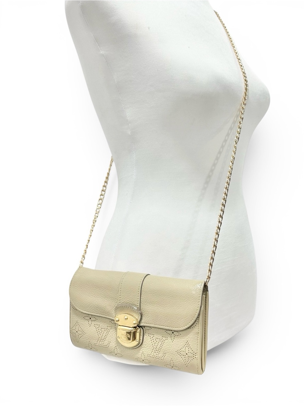 Louis Vuitton Camel Tan Mahina Leather Perforated Monogram Sarah Wallet on Chain